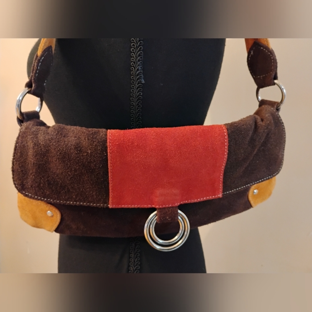Vintage Y2K Genuine Leather Brown, Tan and Red Shoulder Bag - Picture 9 of 16
